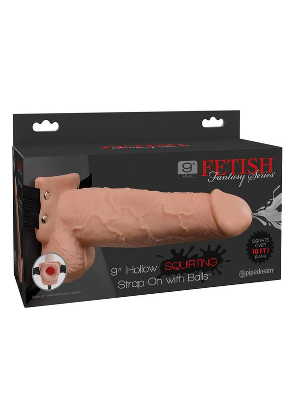 FF HOLLOW SQUIRT STRAPON W/BALLS 9" FLESH