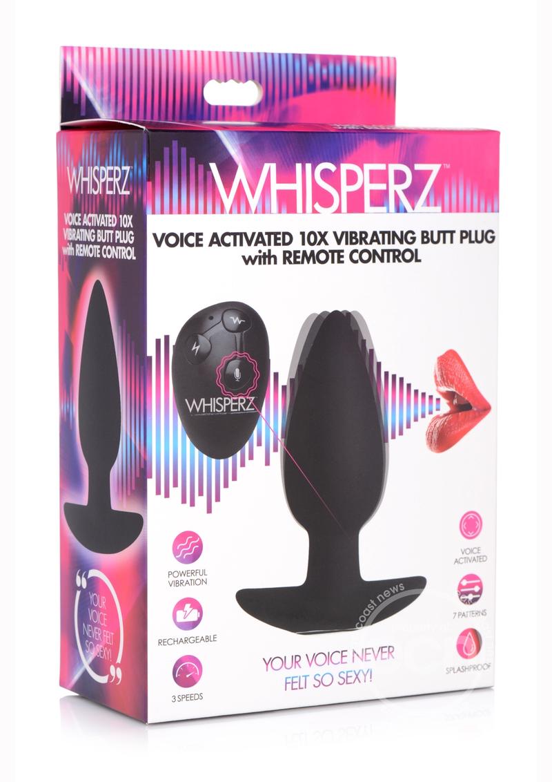 Whisperz Voice Activated 10x Vibrating Rechargeable Silicone Butt Plug with Remote Control